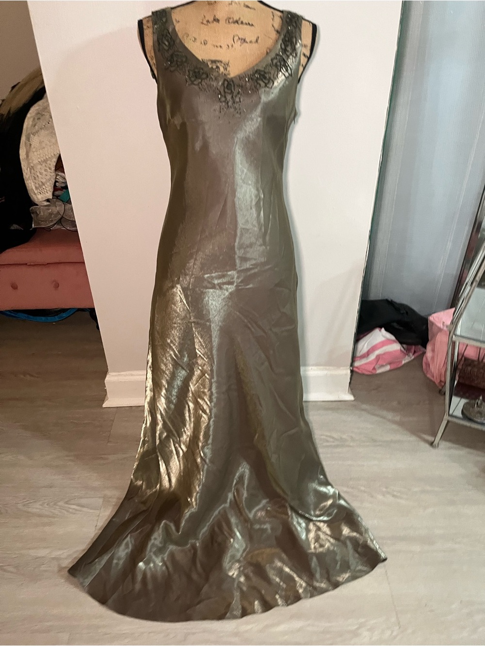 Alex Evenings Vinatage 1990s Olive Green Satin Maxi Dress Beaded Scoop Neck 12